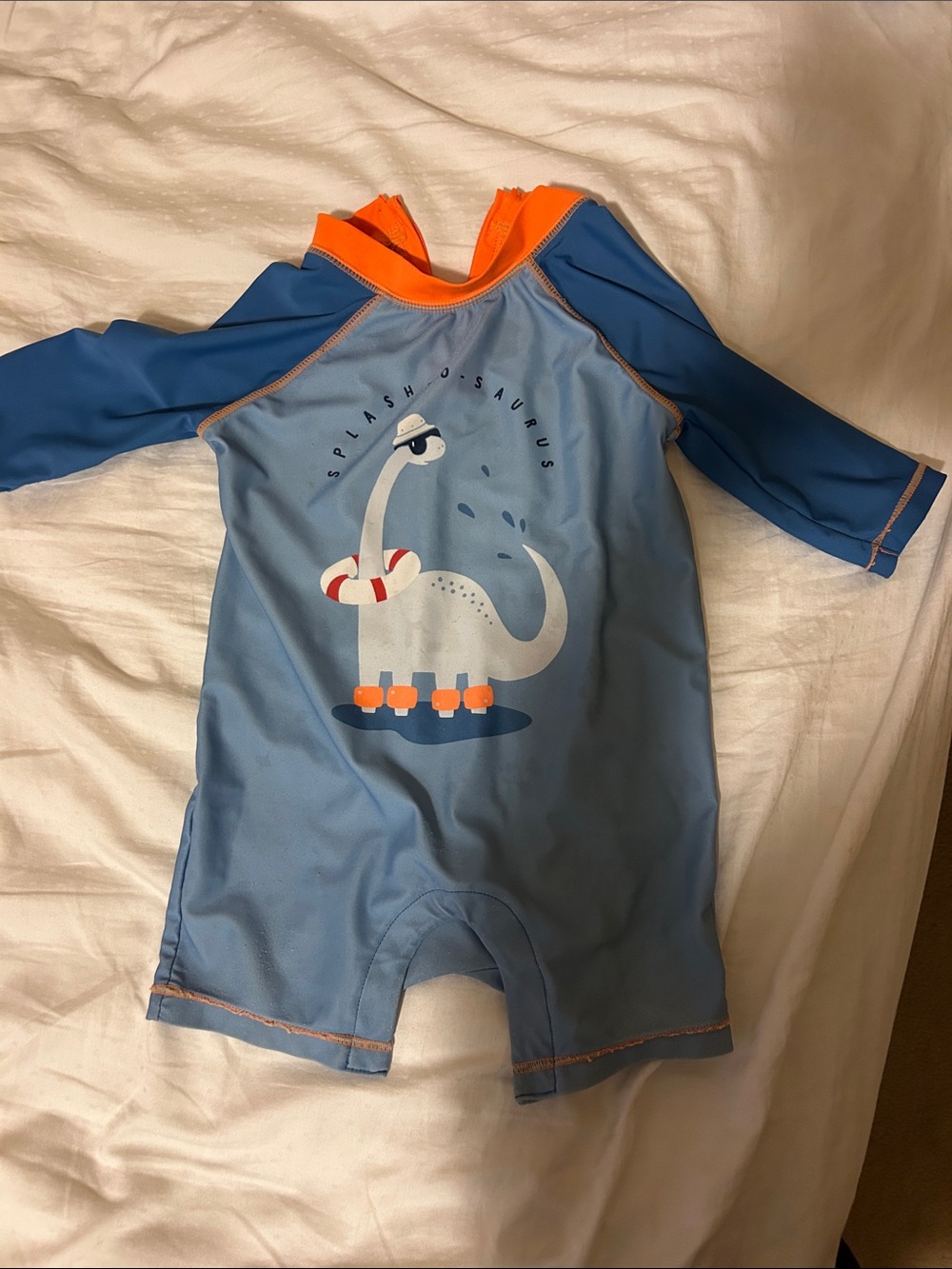 GAP Blue and Orange Splash-Saurus Long-Sleeve One-Piece Swim